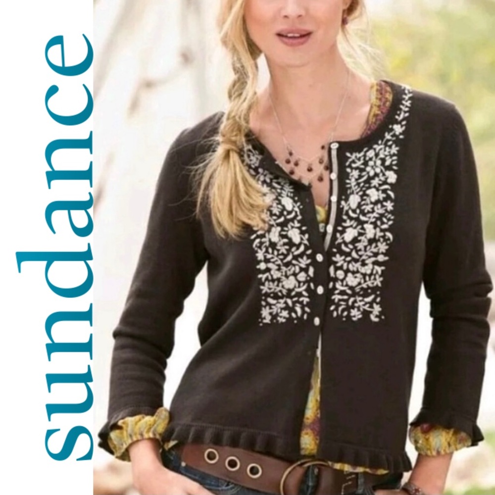 NEW, Sundance, Floral Embroidered Cardigan, Button-up, Black